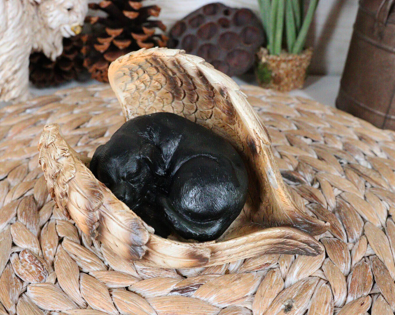 Black Labrador Retriever Puppy Dogs Sleeping On Angel Wings Memorial Figurine