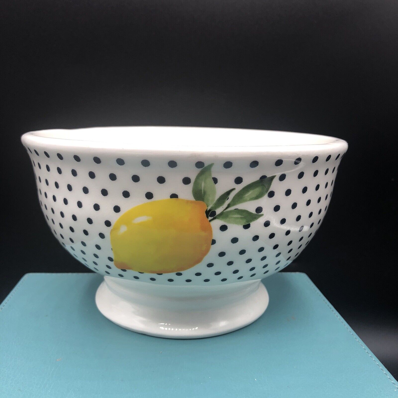 Adorable Large Ceramic Cypress Bowl Lemon And Black Polkadots￼ #2