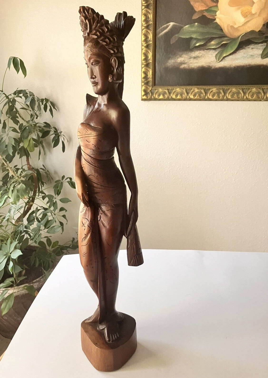 Vintage Balinese Lady In Native Dress Handcarved Wood Sculpture Indonesia  23\