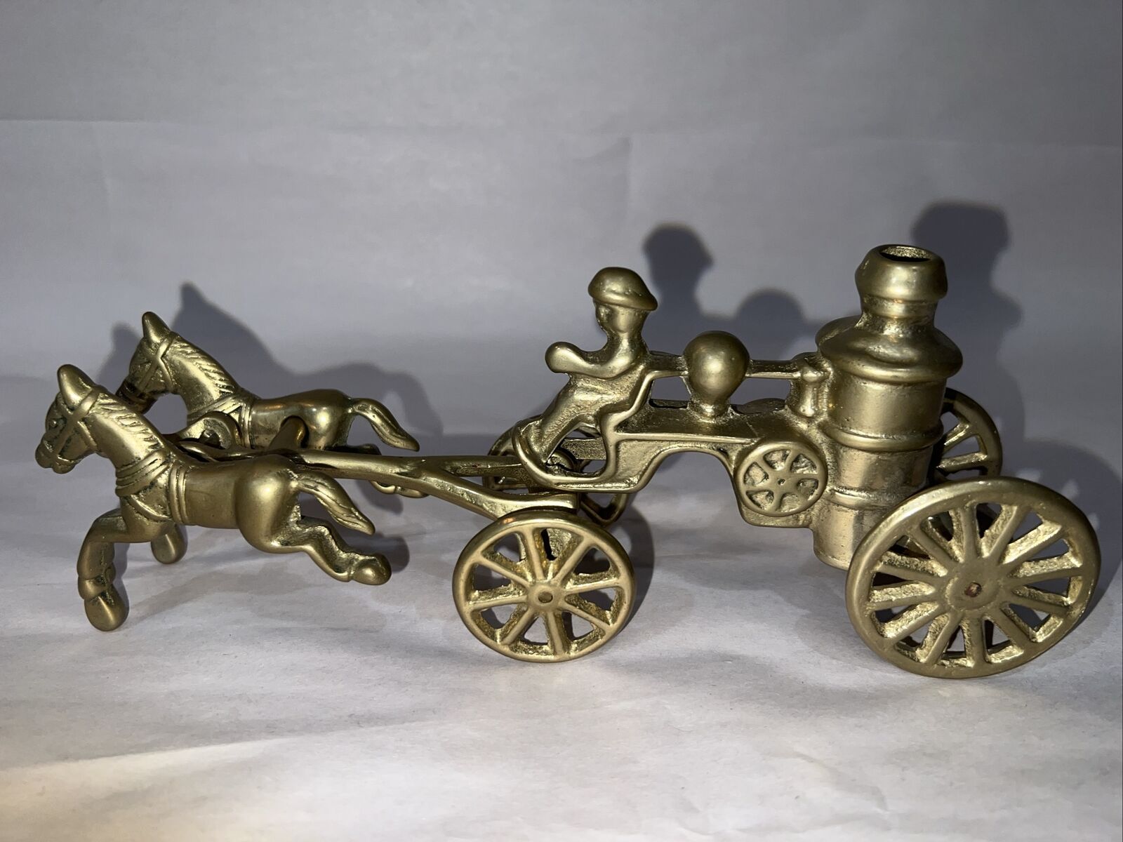 Small Brass Water Pump Wagon With Fireman Being Drawn By A Pair Of Horses VTG