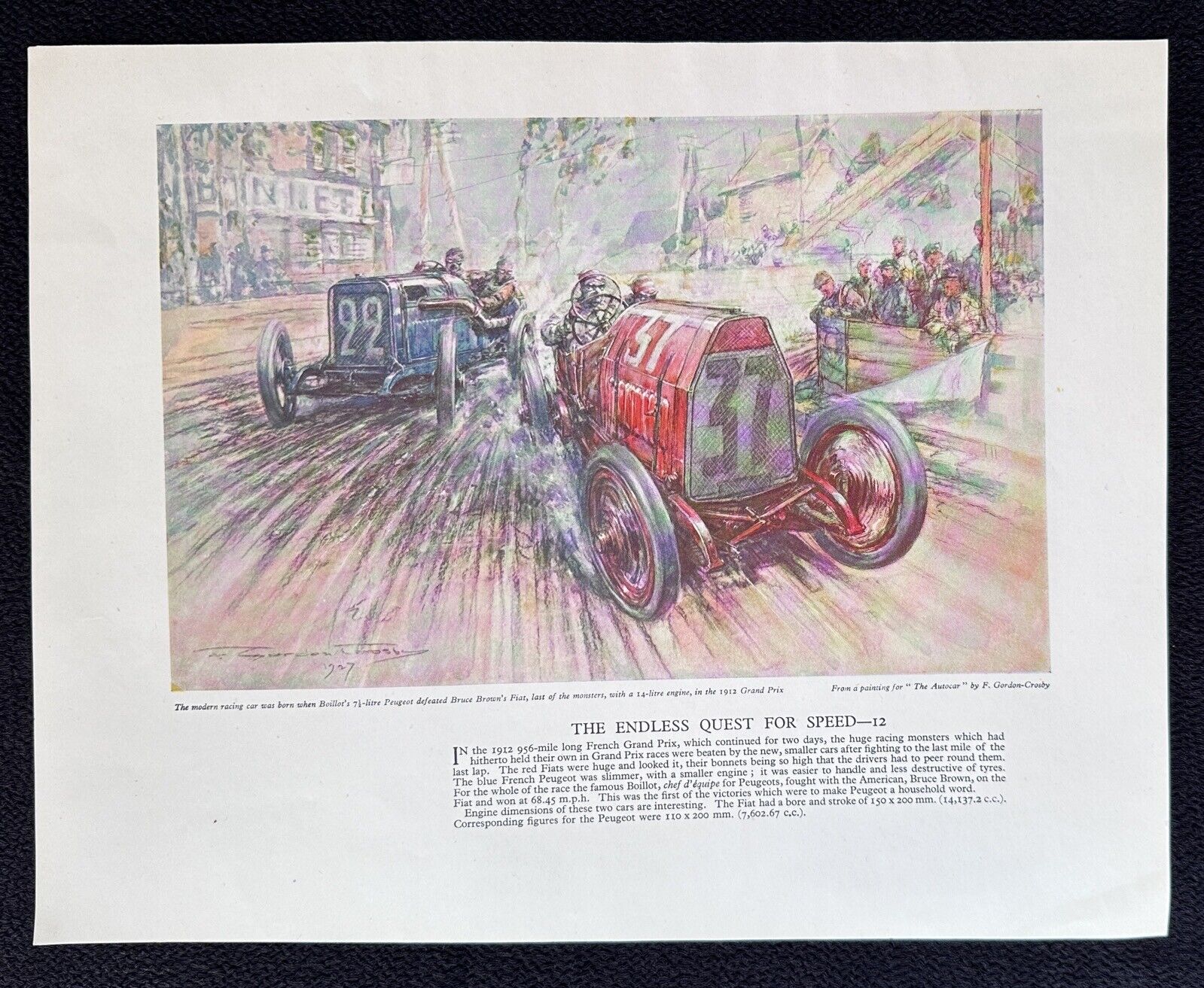1912 French Grand Prix Peugeot Fiat Gordon CROSBY Art Print Boillot Bruce Brown