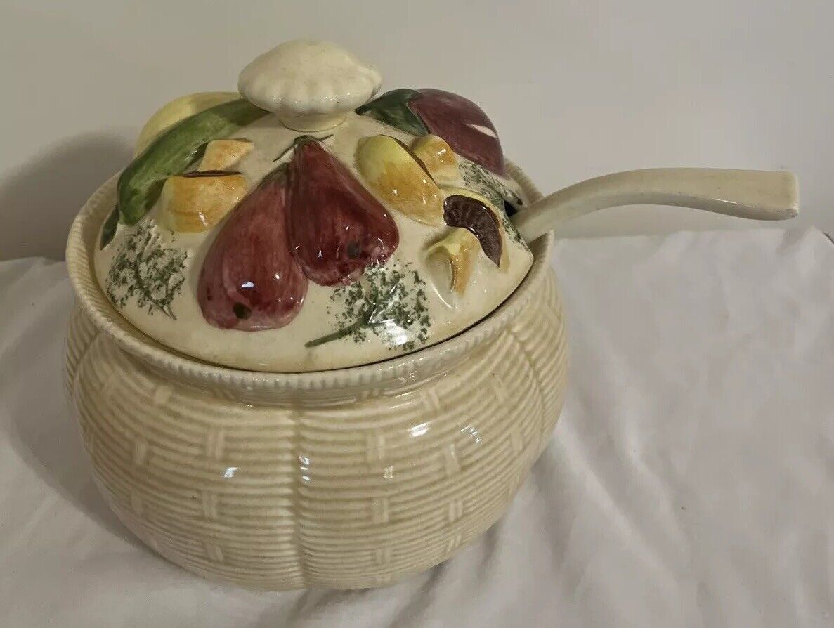 Vintage Vegetable Soup Tureen (Mid-Century, Vegetable Lid, Basketweave Pattern)