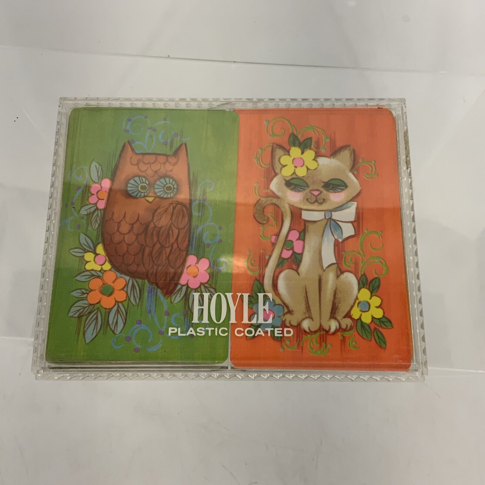 Vintage Cat Owl Double Deck Hoyle Plastic Coated Playing Cards with Case MCM