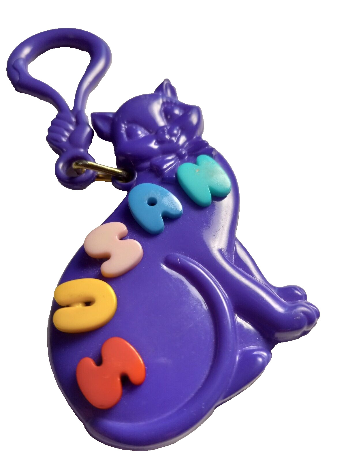 Vintage 1980s Plastic Charm Purple Cat  Name Letters Charms Necklace Clip Retro
