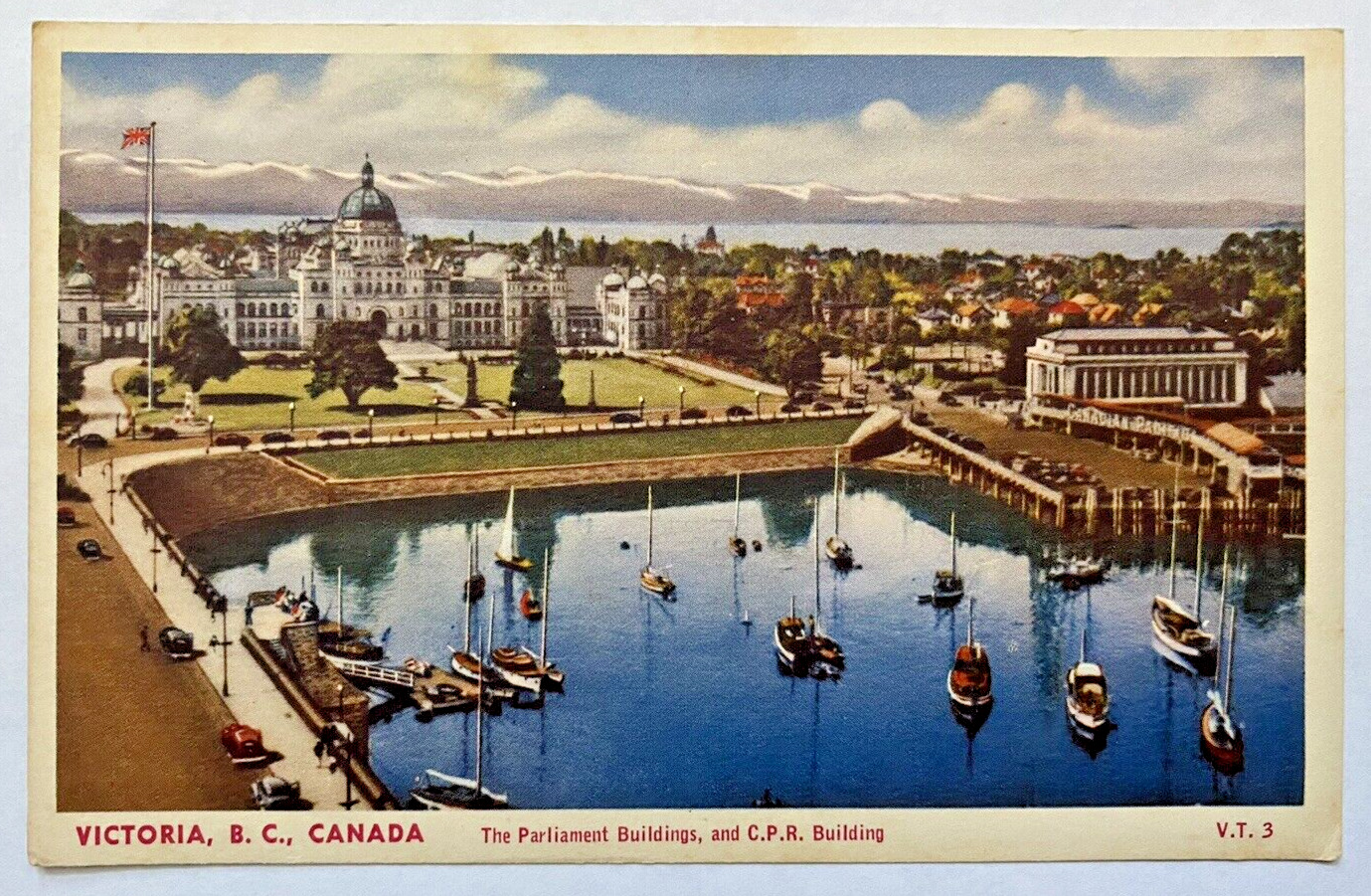 Parliament Buildings & CPR Building Aerial View Sailboats Victoria BC Postcard