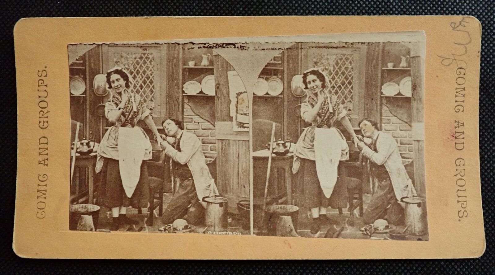 ANTIQUE Real Michael Burr Stereoview The Thief Captured Man Proposes to Maid