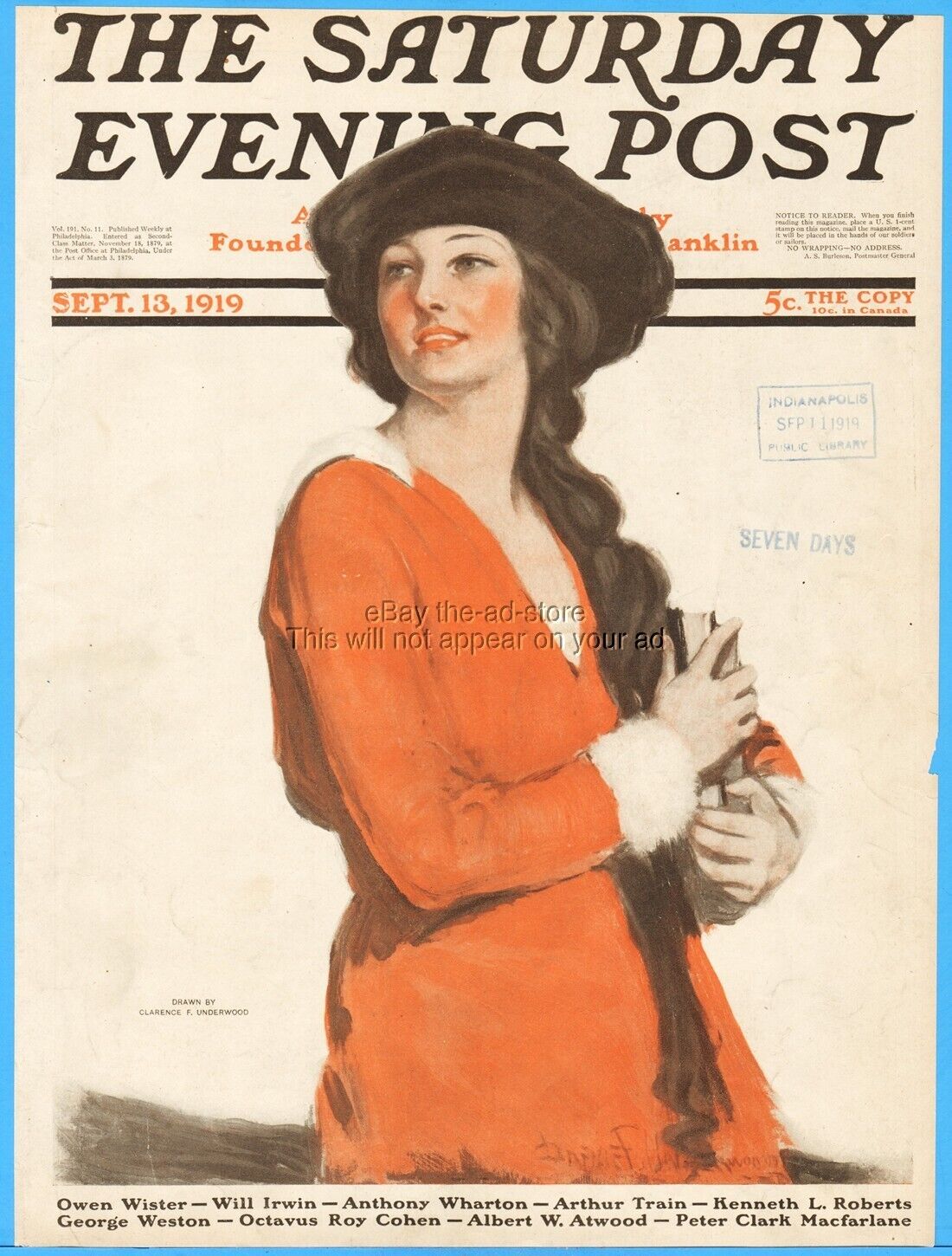 1919 Saturday Evening Post Long Haired Woman Clarence Underwood Front Cover ONLY