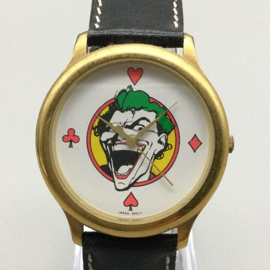 Vtg Fossil Batman Joker Watch 36mm Men Gold Tone DC Comics Leather New Battery