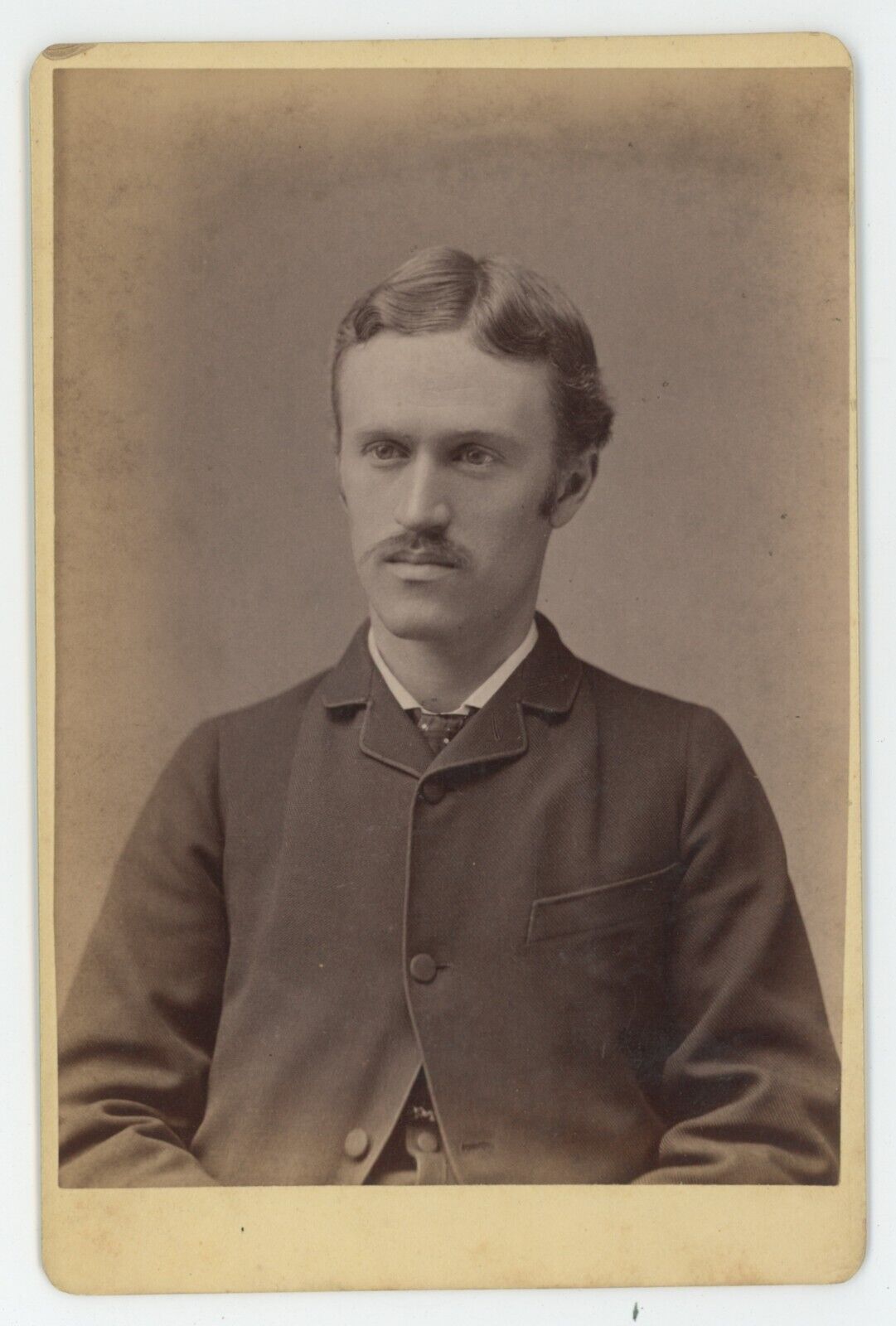 Antique Circa 1880s ID'd Cabinet Card Handsome Man in Suit Coat Mustache Boston