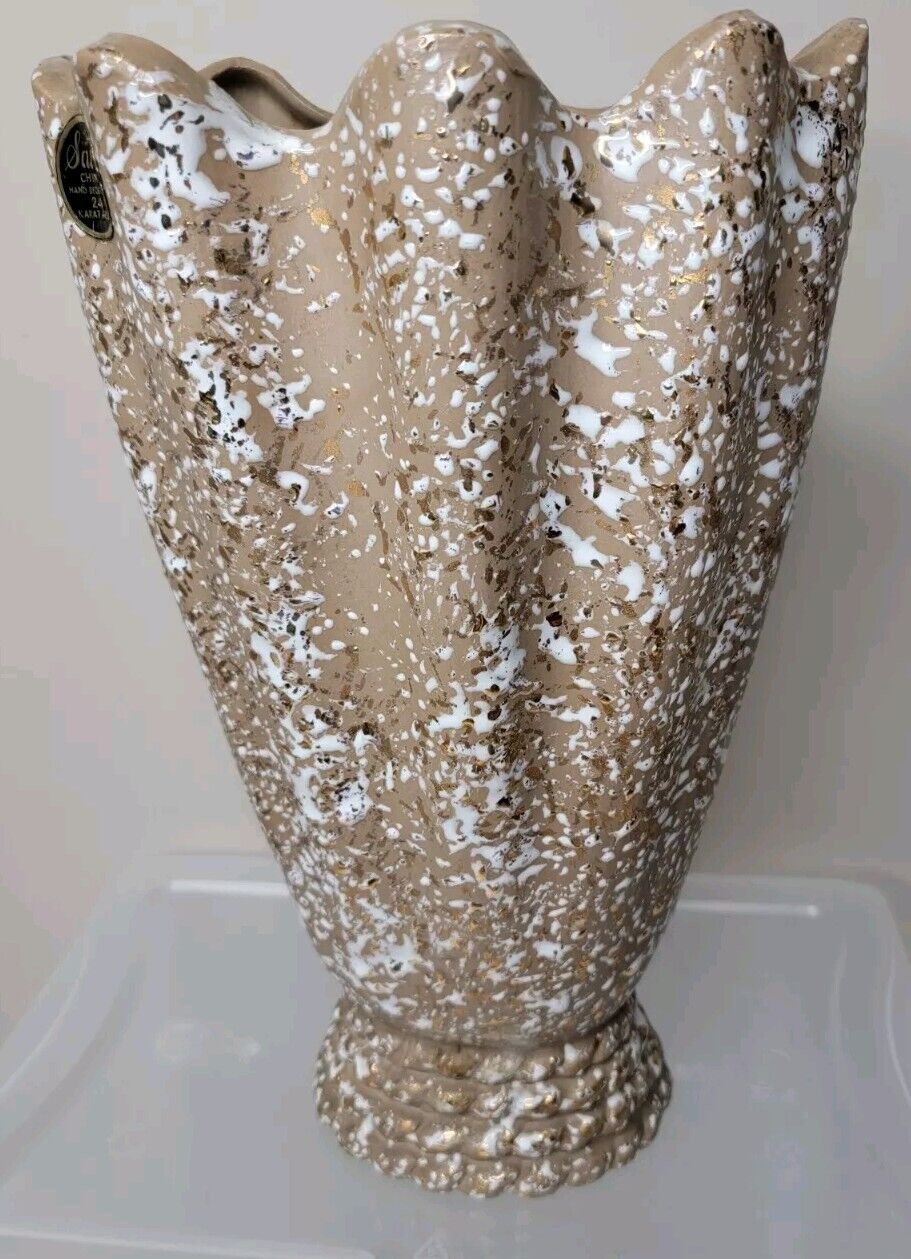 Savoy 24K Vtg Gold & White Splatter Hand Crafted Textured Pottery Vase Vtg MCM