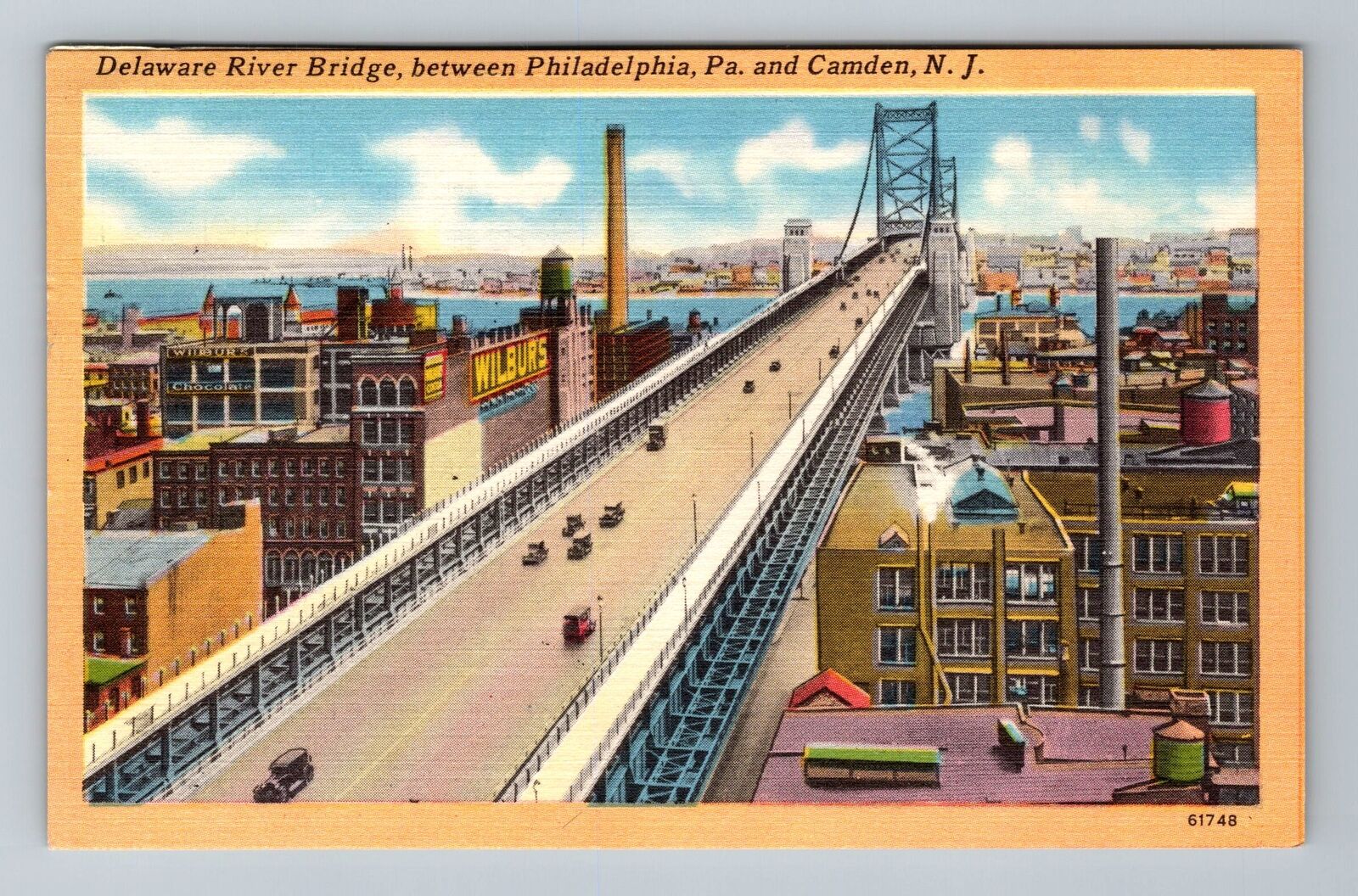 Camden NJ-New Jersey, View on Delaware River Bridge, Vintage Postcard
