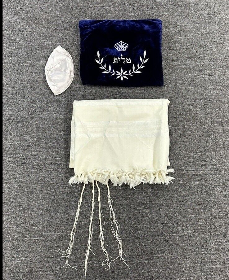 Vintage Large Kosher White Tallit Prayer Shawl with Kippah in Velvet Blue Bag