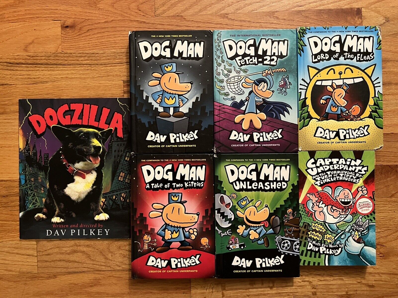 Lot 7 Dav Pilkey Books: 5 Dog Man Hardcover, Capt Underpants, Dogzilla, Kittens