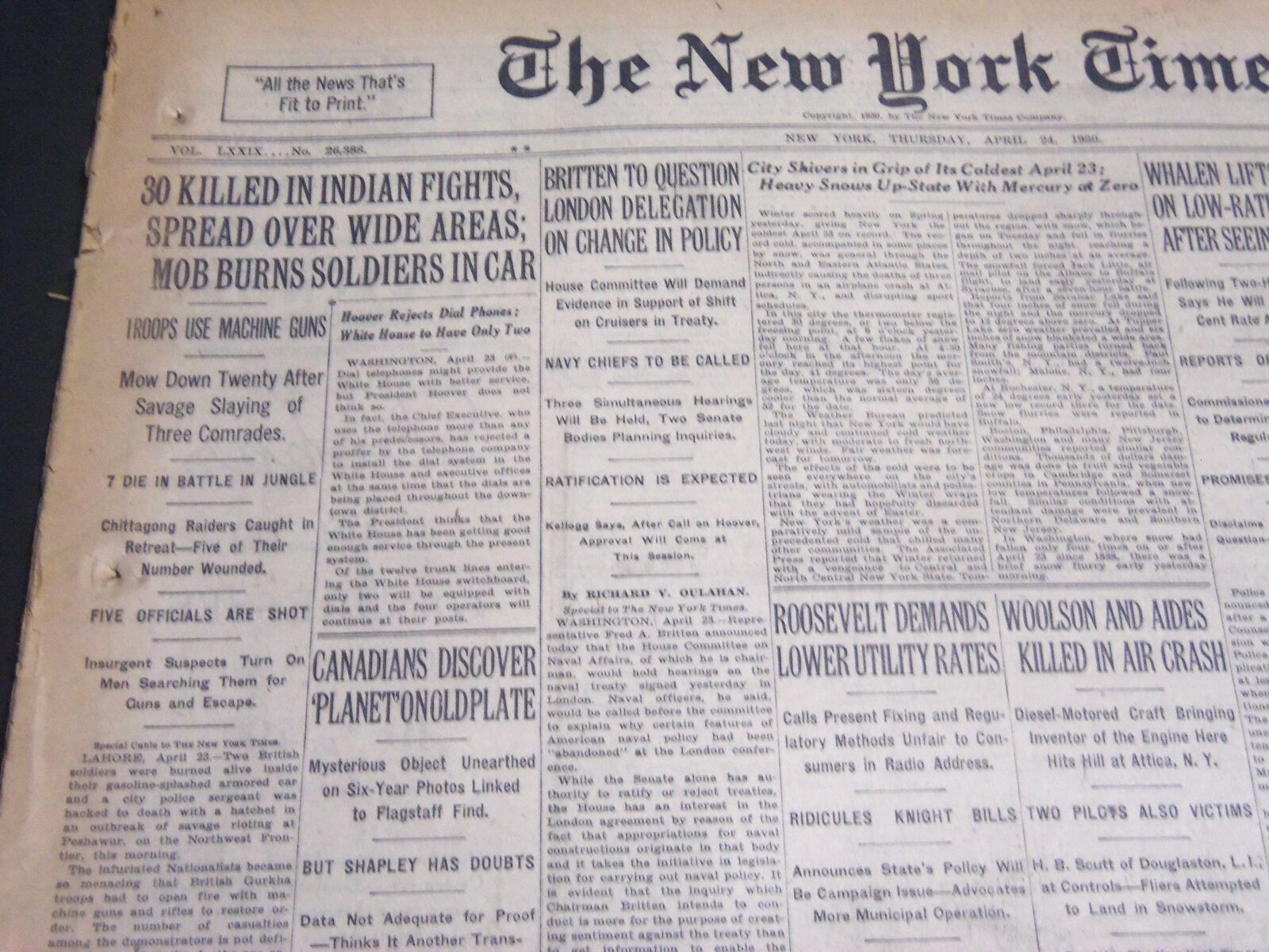 1930 APRIL 24 NEW YORK TIMES - 30 KILLED IN INDIAN FIGHTS - NT 6683