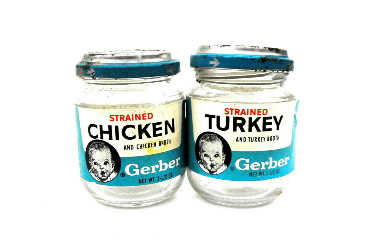 1960s Gerber Baby Food Jars Vintage Chicken & Turkey Poultry Retro Pair Set of 2