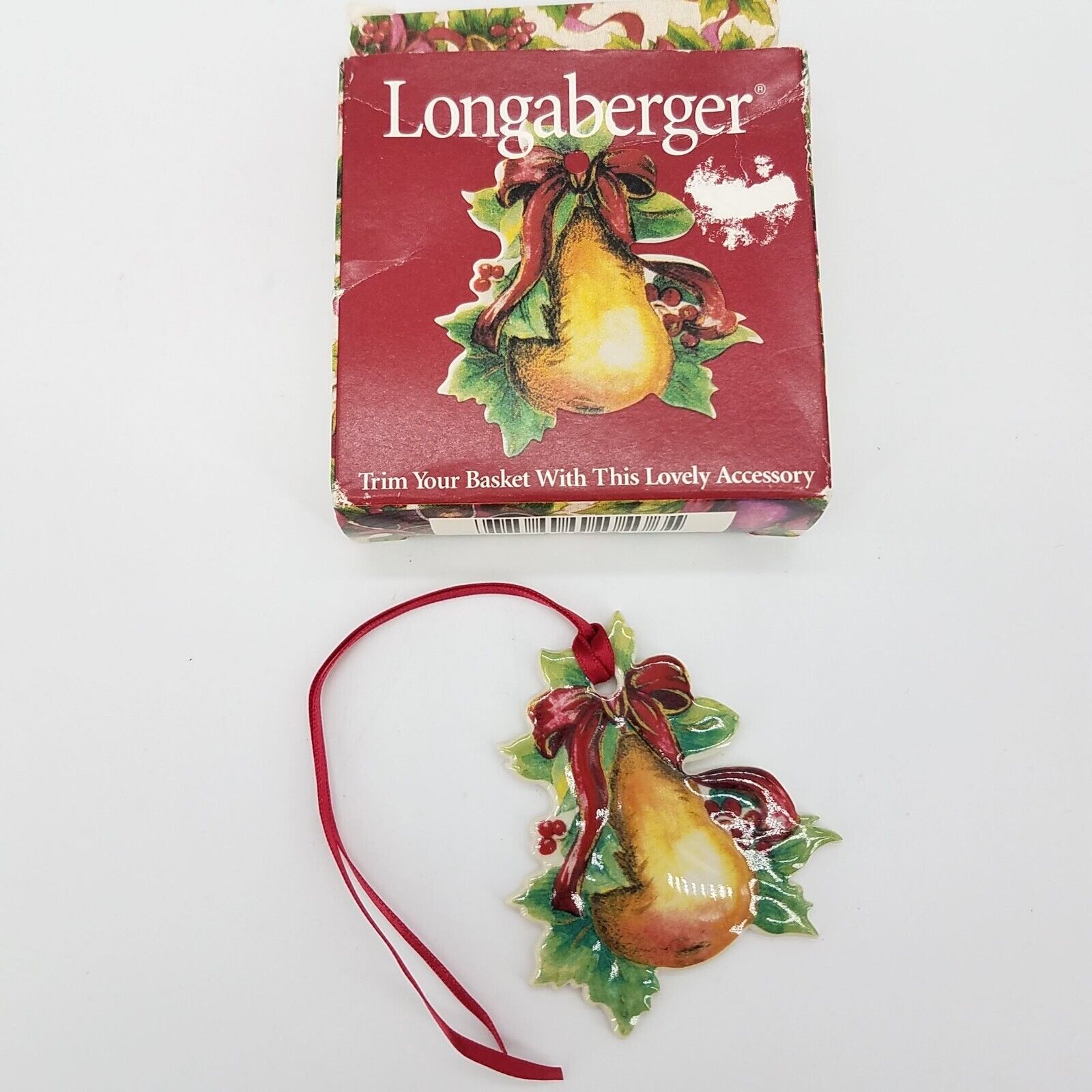 Longaberger 2000 Pear Twelve Days of Christmas Pottery Basket Tie On+Ribbon Box