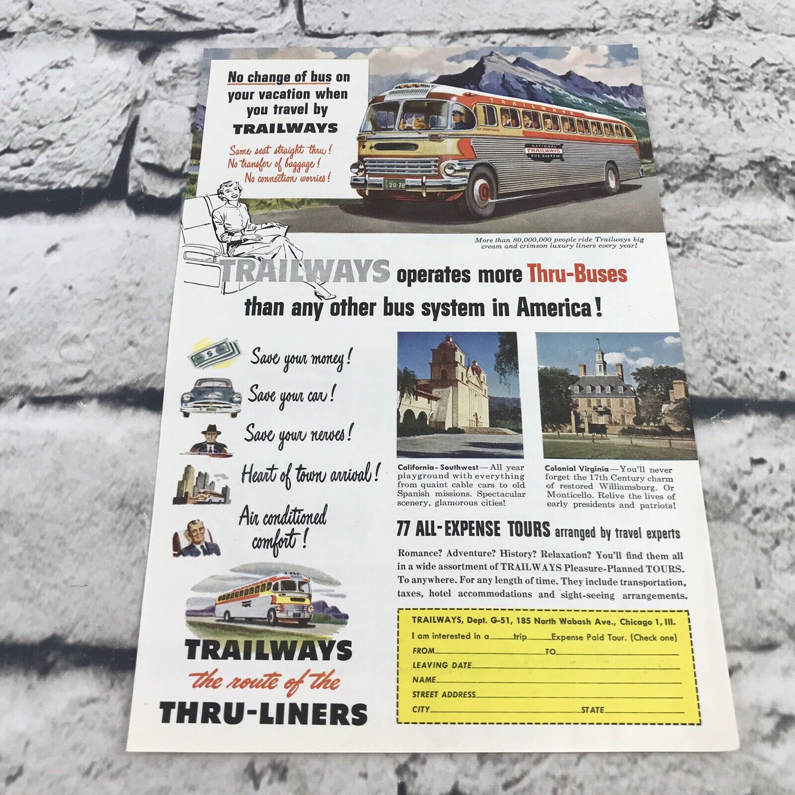Vtg 1951 Print Ad Trailways Tru-liners Bus Transportation advertising Art