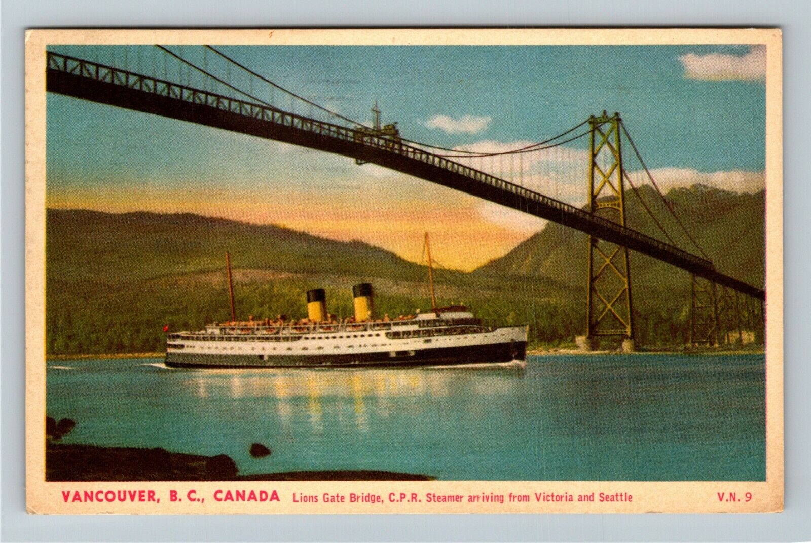 Vancouver-BC, Lions Gate Bridge, CPR Steamer, Vintage Postcard