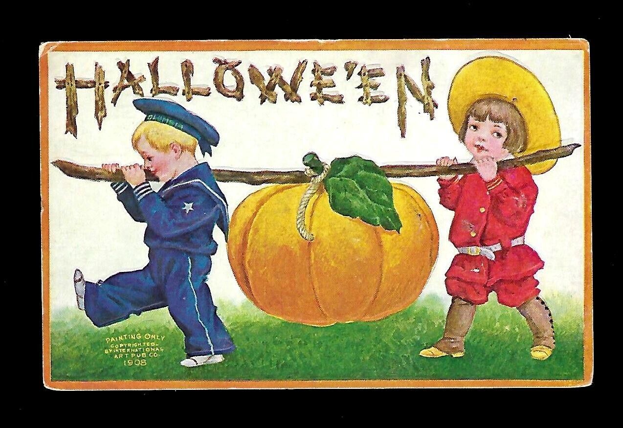 c1909 Intl Art Halloween Postcard Children Carrying a Large Pumpkin Embossed