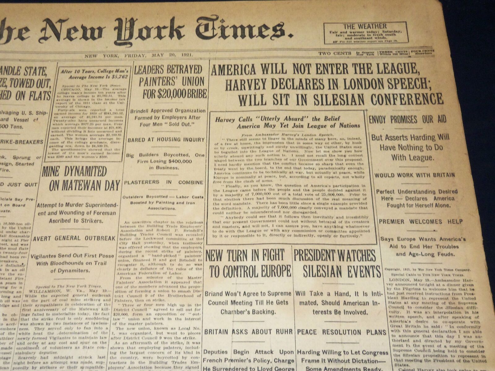1921 MAY 20 NEW YORK TIMES NEWSPAPER- AMERICA WILL NOT ENTER THE LEAGUE- NT 8602