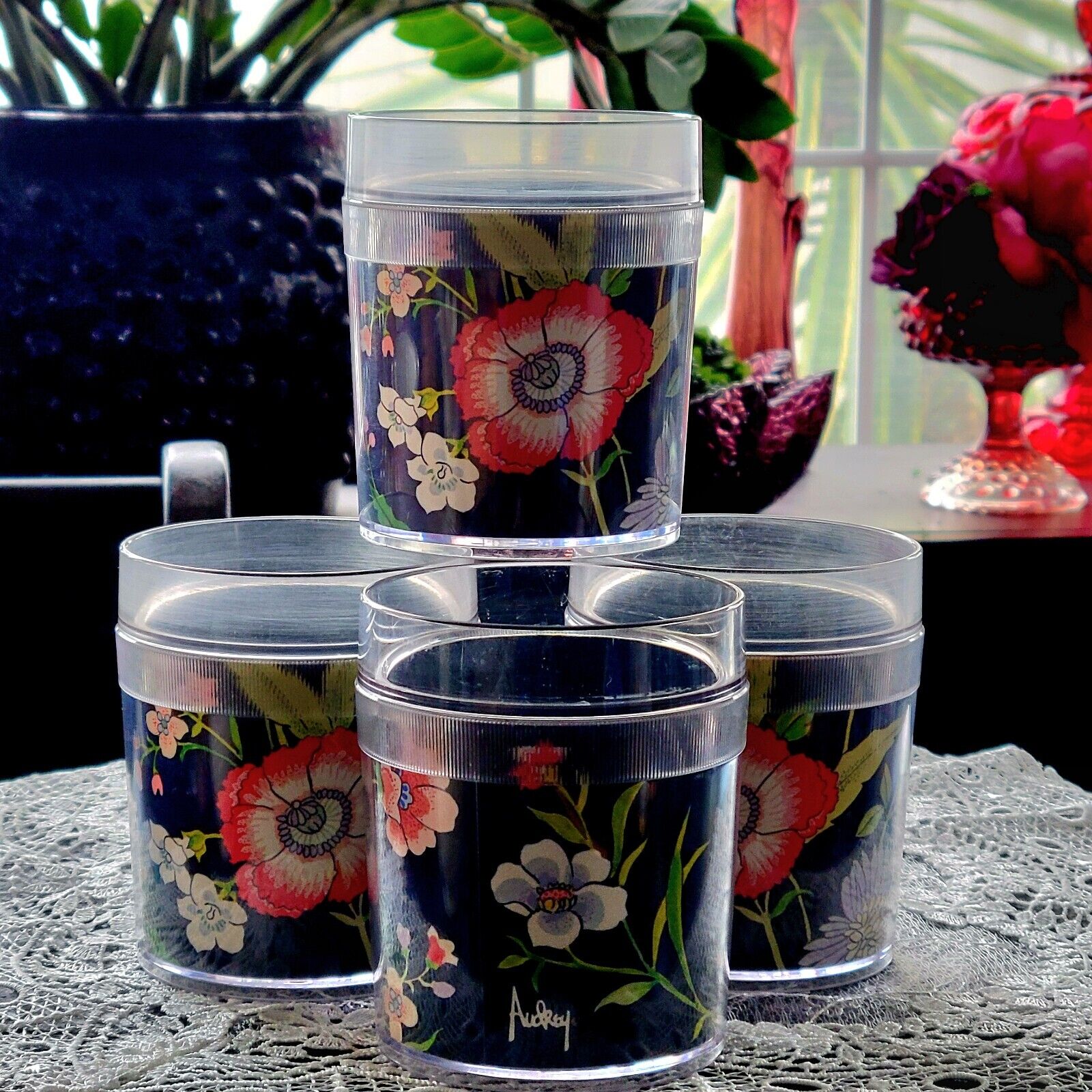 Vtg •AUDREY• St. Tropez Thermo-Serv Plastic Cups Glasses Flowers Set Of 4 Retro 