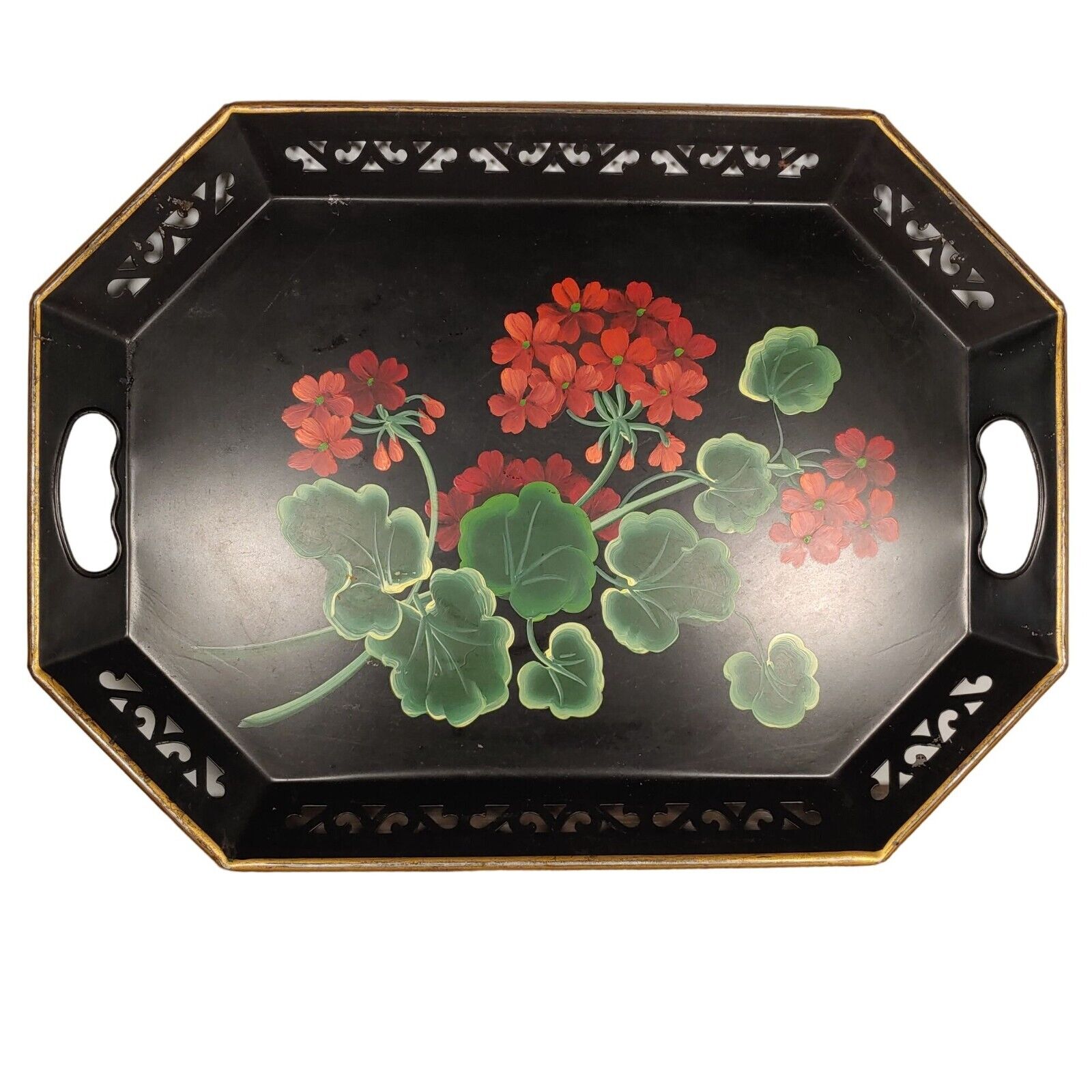 Vintage Hand Painted Black Tole/Serving Tray Red Floral Design Gold Trim 18\