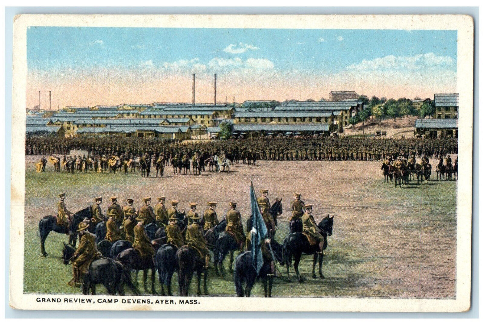 c1920\'s Grand Review Camp Devens Ayer Massachusetts MA Army Horse Postcard