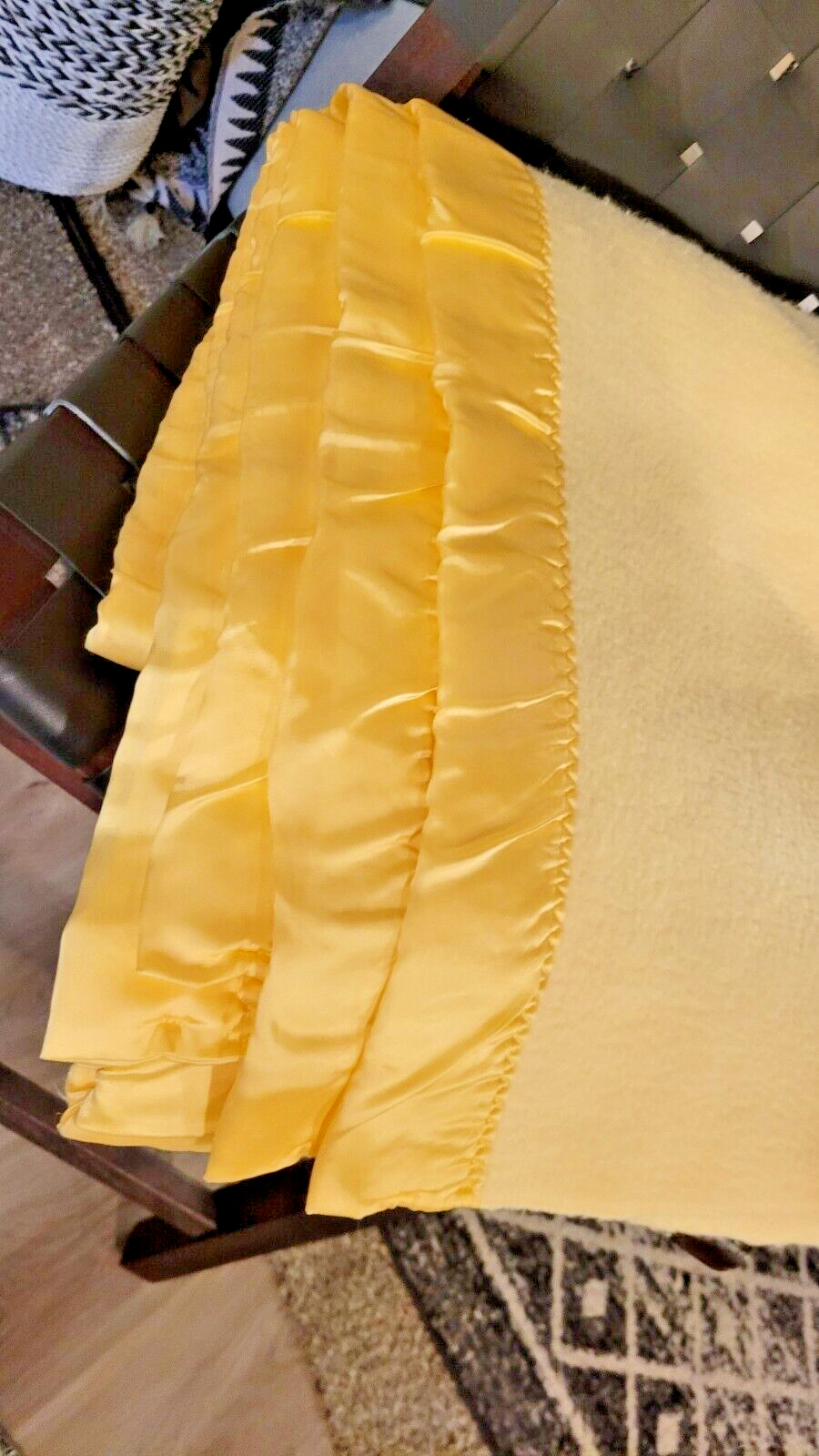 Vintage Yellow Satin Trim Acrylic Blanket WPL 1675 Made in USA Appx 86x72