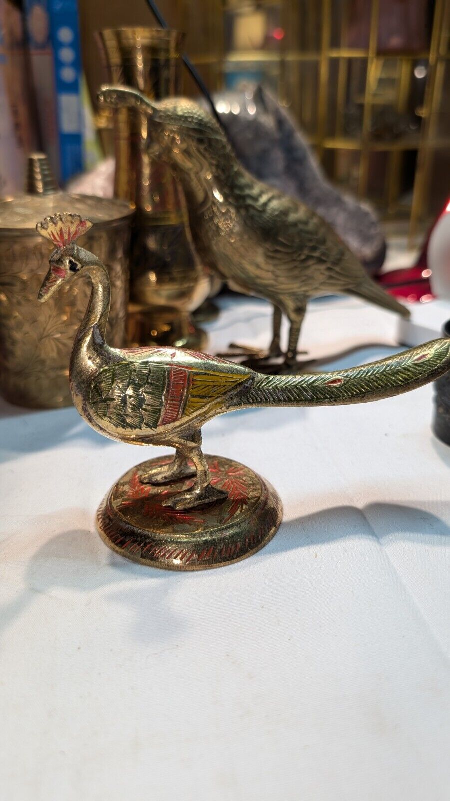 VINTAGE MID CENTURY BRASS PEACOCK With Red Details FIGURINE
