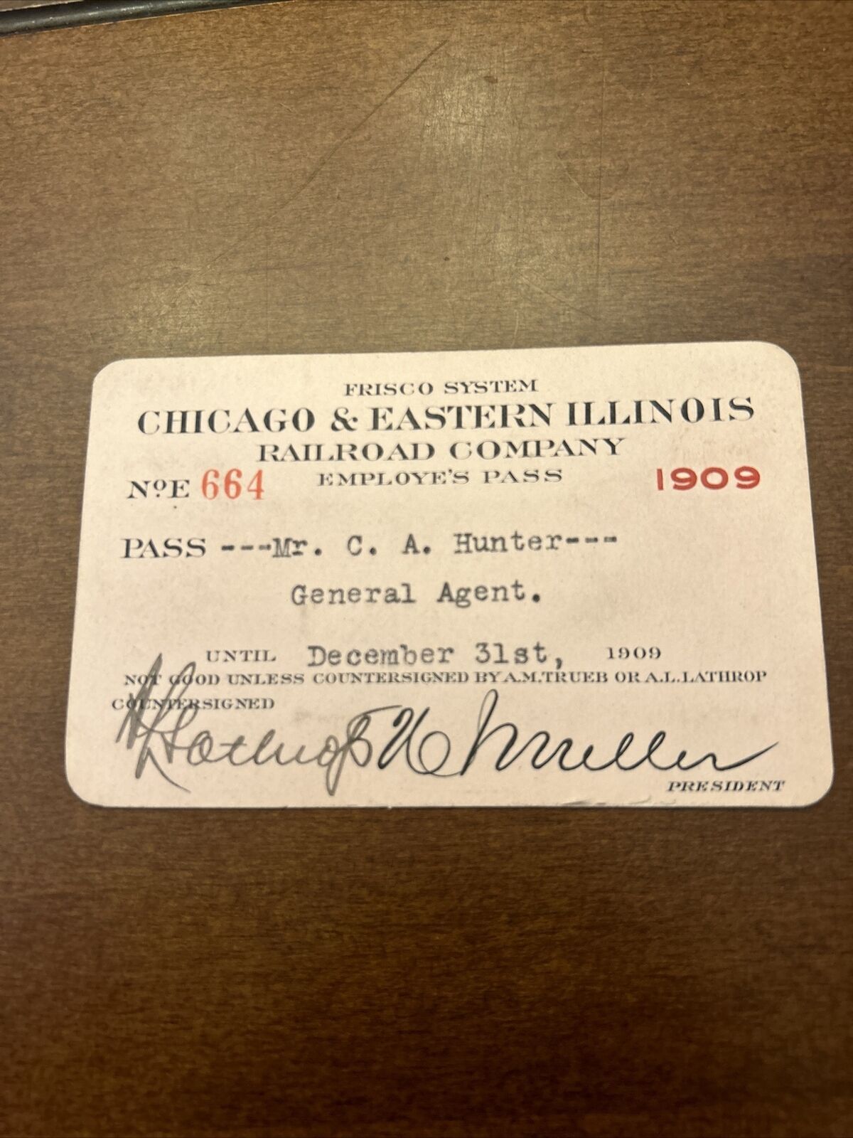 Rare 1909 Chicago & Eastern Illinois Railroad Pass Railway RR Train