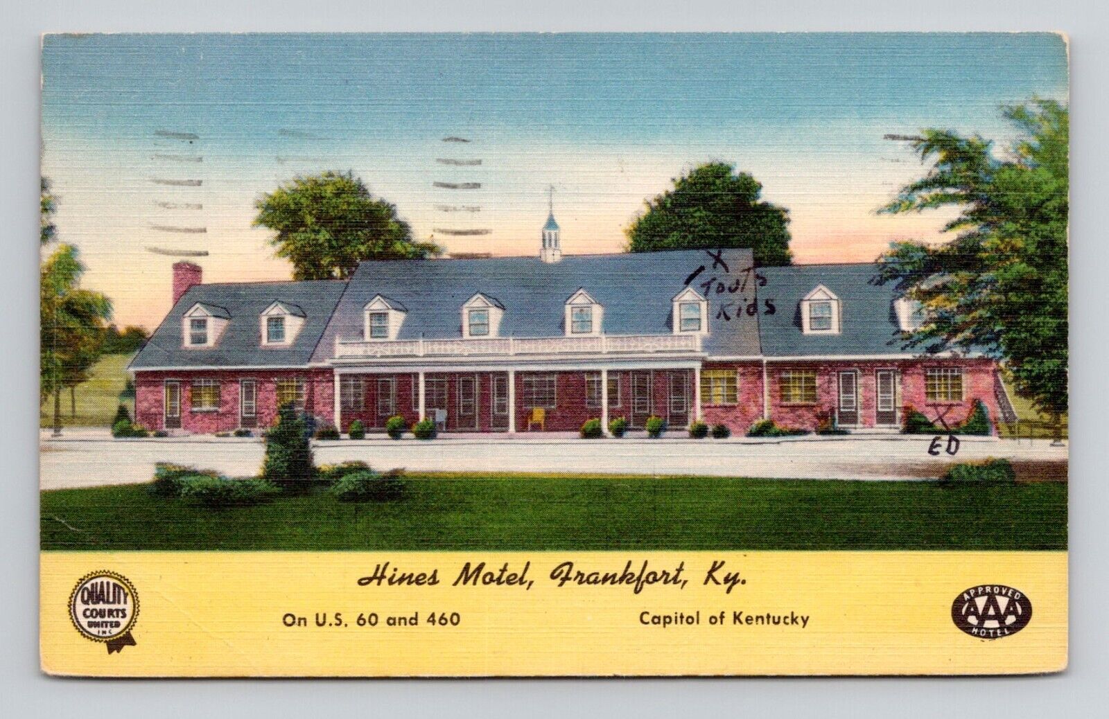 Postcard Hines Motel in Frankfort Kentucky, Vintage Linen F15