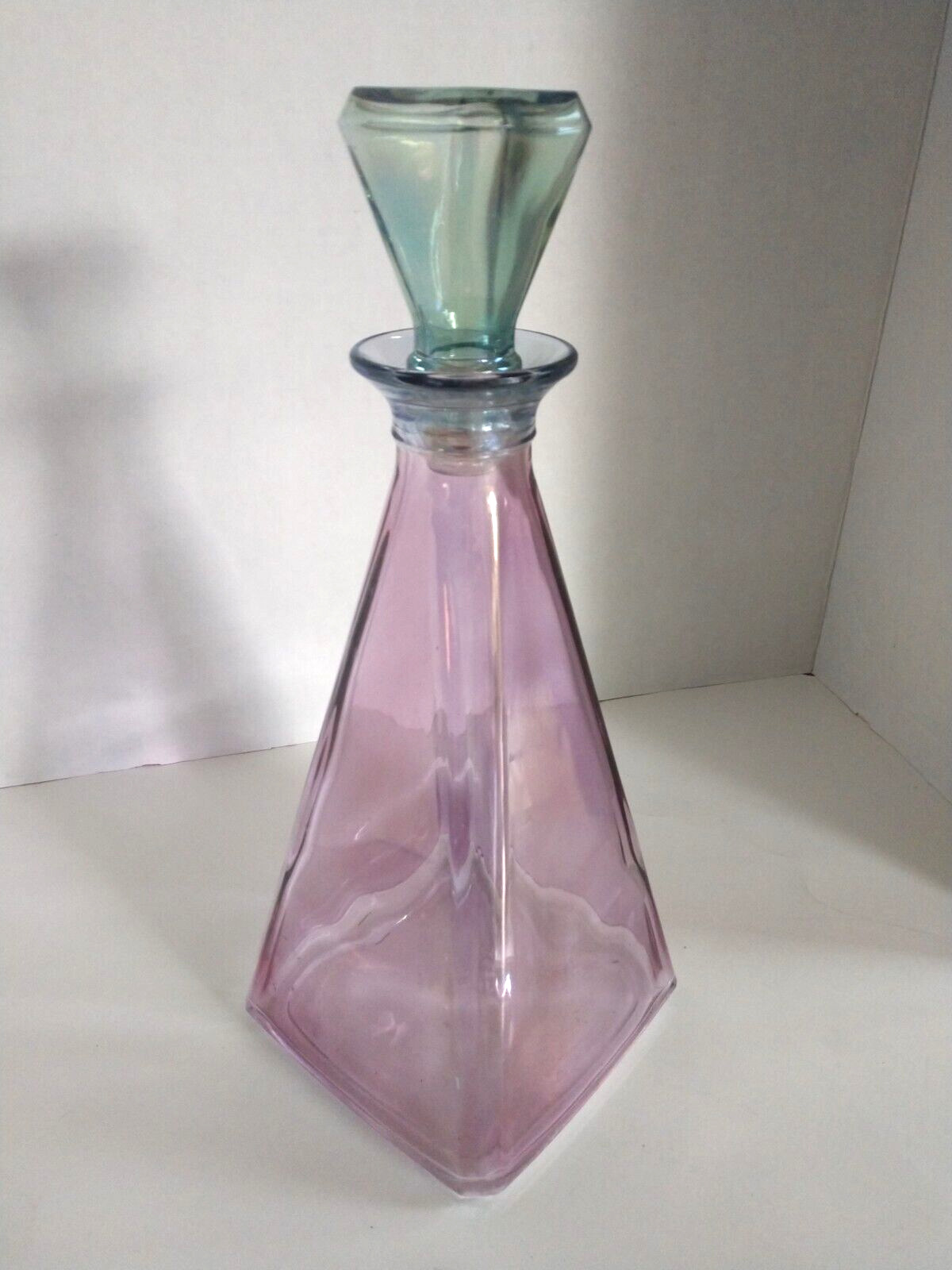 Vintage Pink Purple Blue Glass Triangle Pyramid Decanter w/ Stopper Empoli Italy