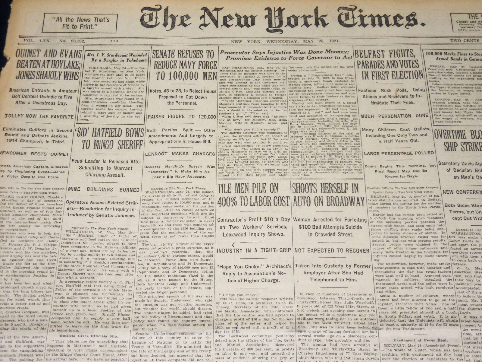 1921 MAY 25 NEW YORK TIMES - OUIMET AND EVANS BEATEN - JONES WINS - NT 8597
