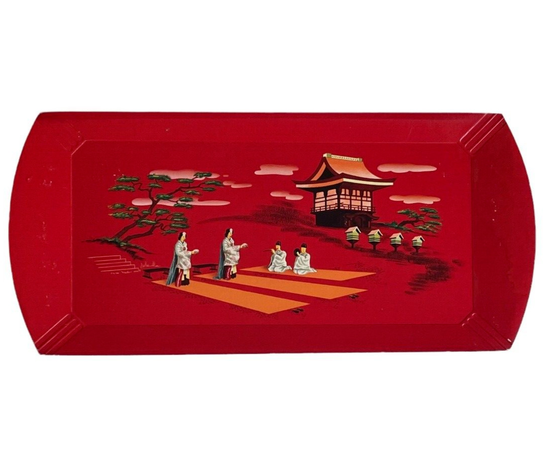 Vintage Set of 4 HASKO DELUXE Wood Lap Trays Red Asian Theme Pagoda Scenery