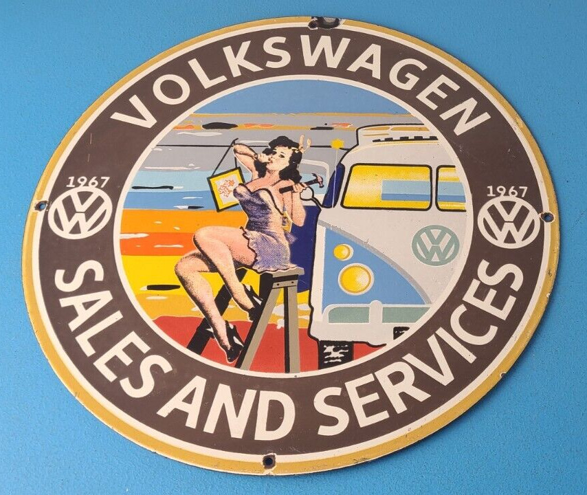 Vintage Volkswagen Sign - VW Automobile Sign - Porcelain Service Pin Gas Sign