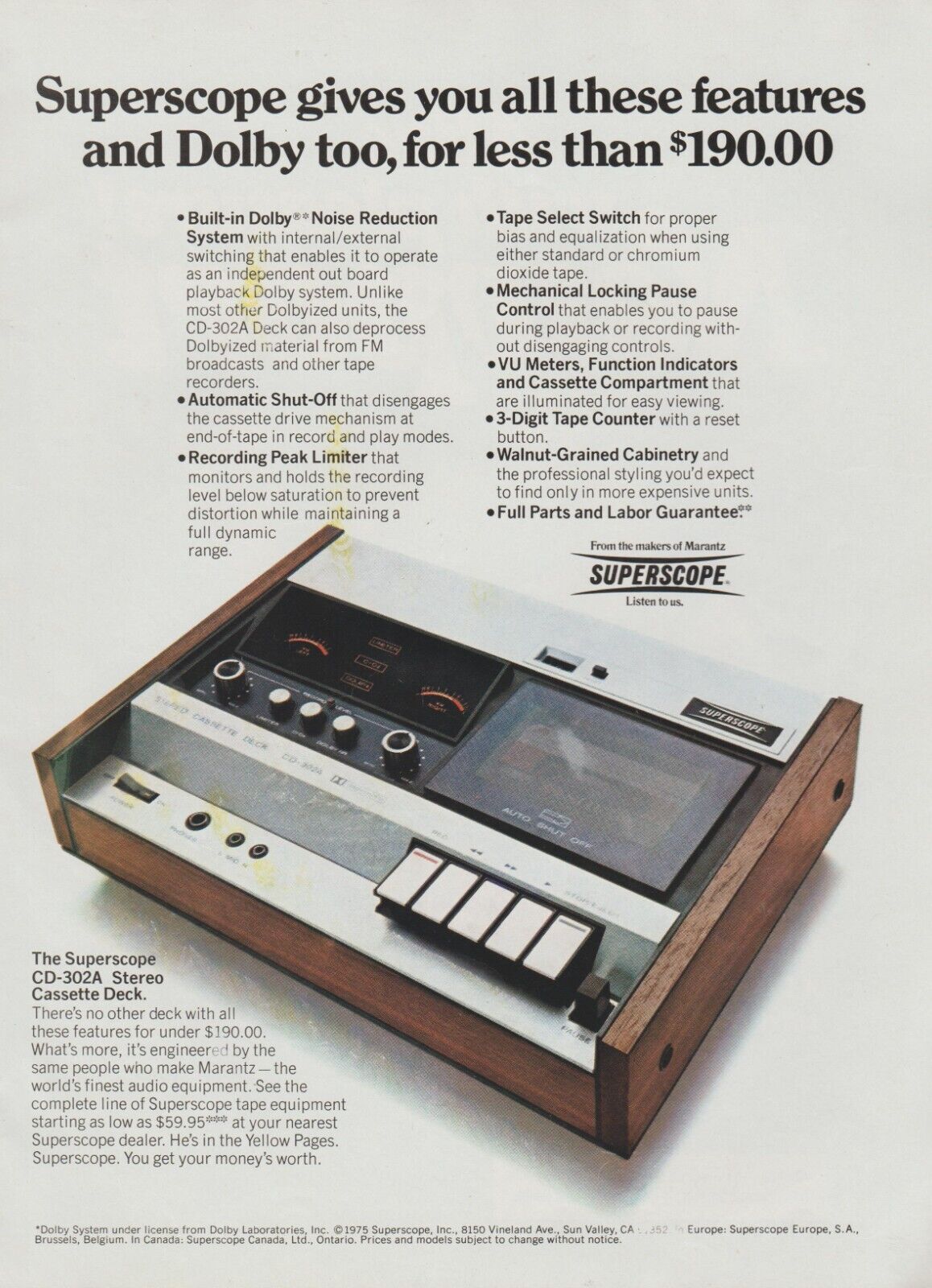 1975 Marantz Superscope CD-302A Stereo Cassette Deck - Magazine Print Ad Photo