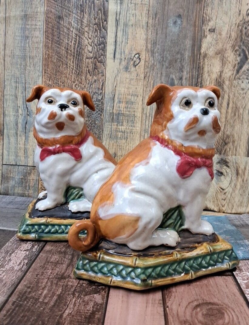 Pug Dog Pair Staffordshire Style Mantle Vintage Dapper Bookends Figurines