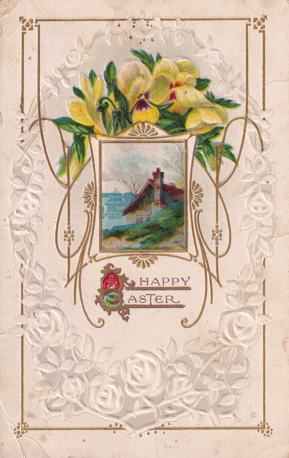 Vintage Happy Easter Early 1912 Postcard Hillside Country Cottage Yellow Flowers