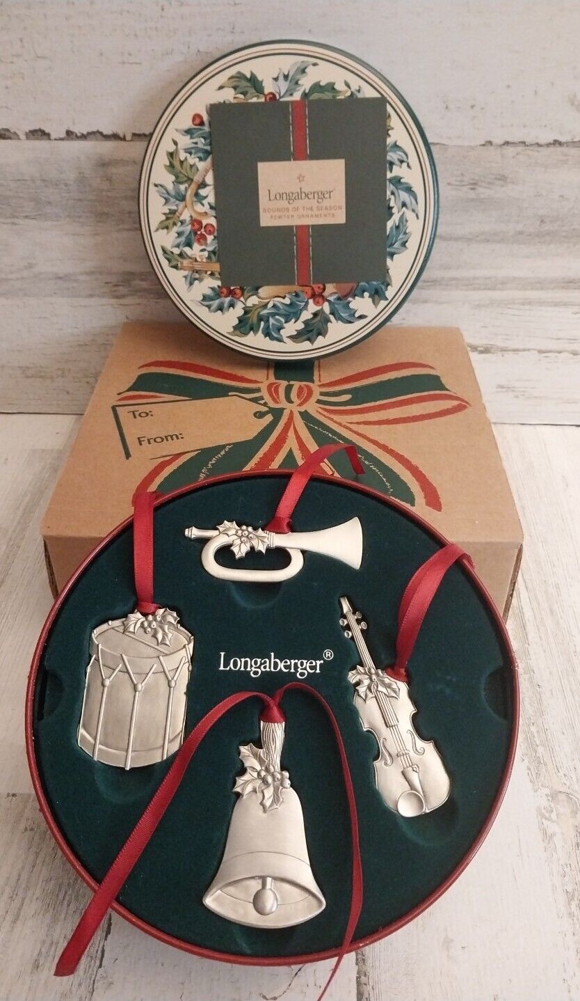 Longaberger Musical Instruments Pewter Ornaments Tin & Box 2003 28084 Bell Drums