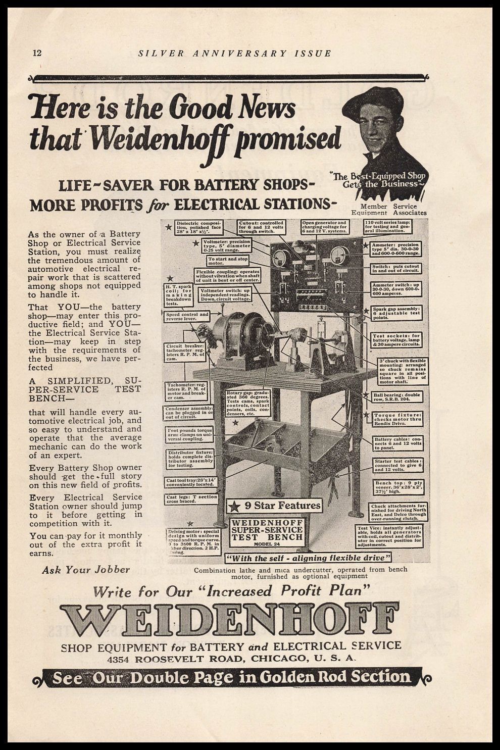 1924 Weidenhoff Chicago Electrical Service Station Test Bench Vintage Print Ad
