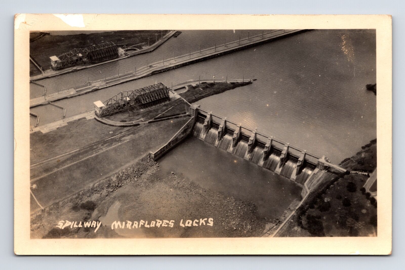 RPPC Panama Canal Miraflores Locks Spillway Real Photo Postcard