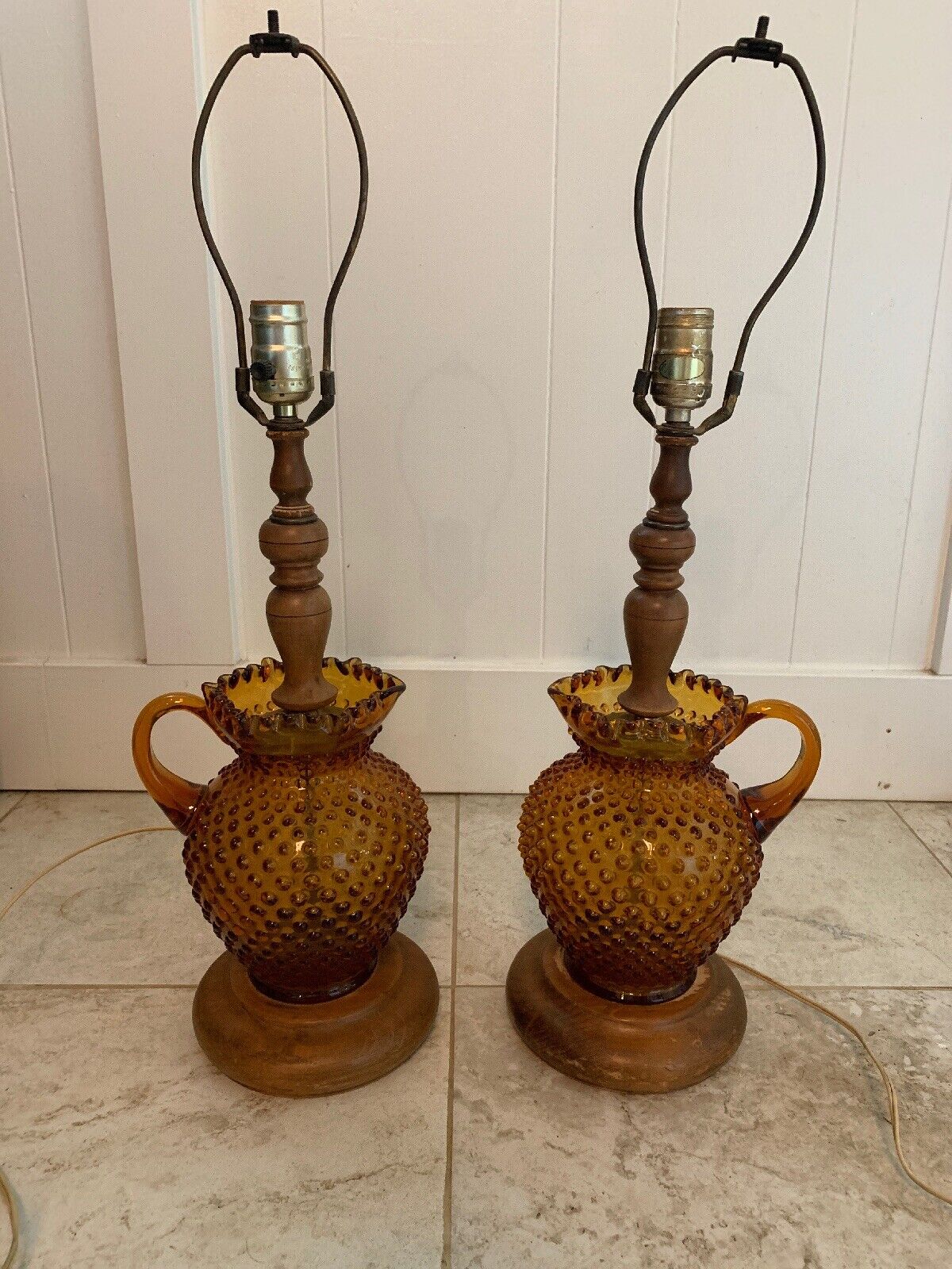 Set Of 2 Vintage Amber Hobnail Pitcher Lamps Fenton Pair
