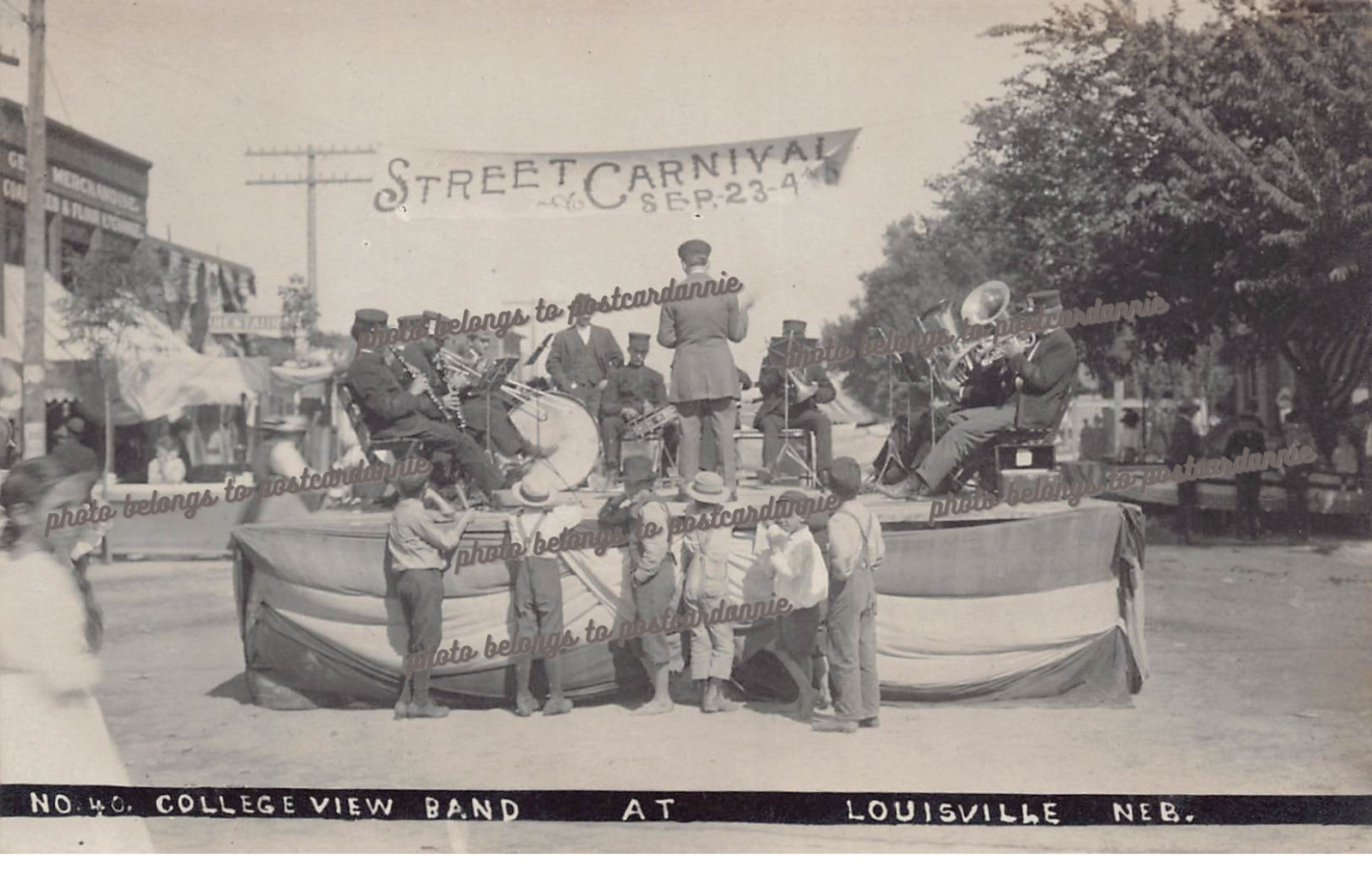 RPPC Louisville NE Nebraska Main Street Carnival College Band Photo Postcard C60