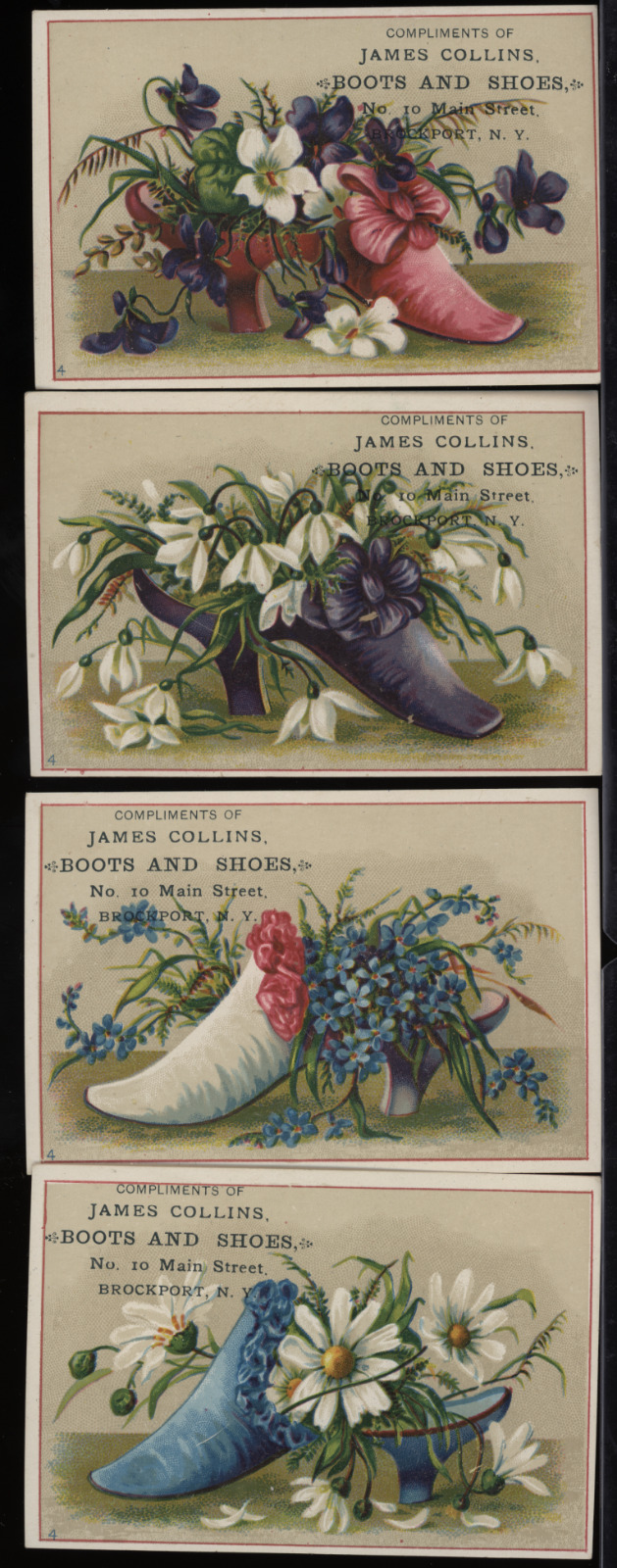 Victorian Trade Card 1880s Lot 4 James Collins Boots Shoes Brockport NY VTC-B113