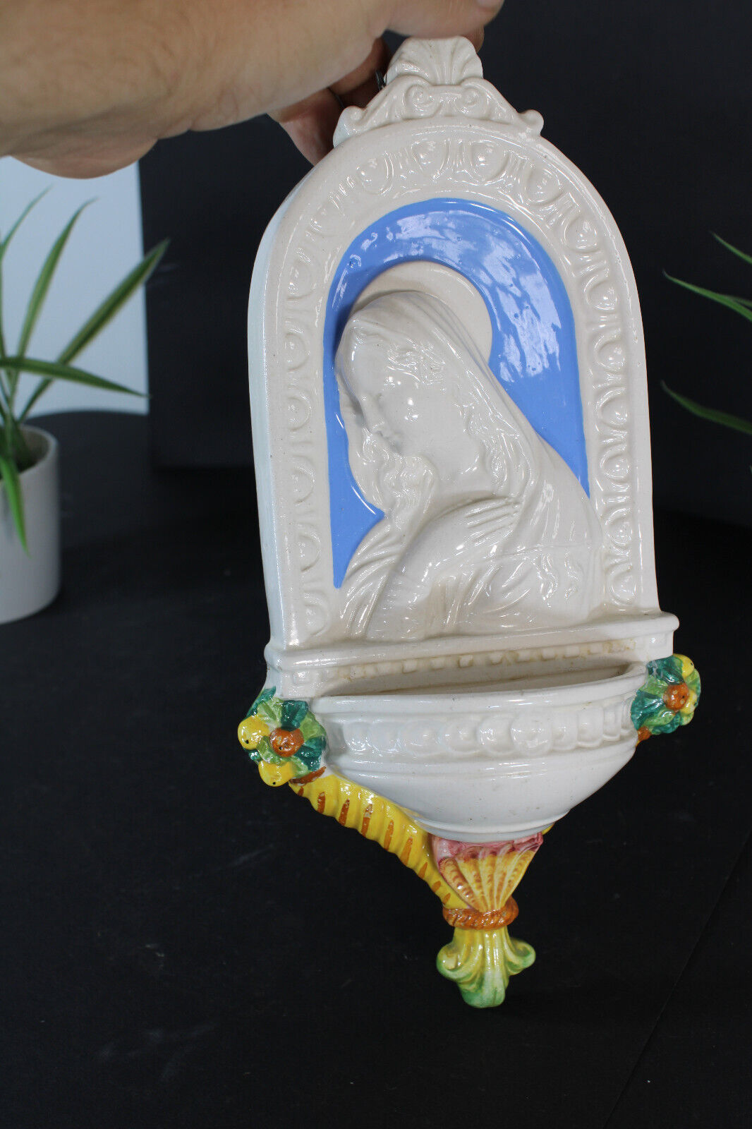 Vintage italian ceramic madonna relief holy water font wal religious