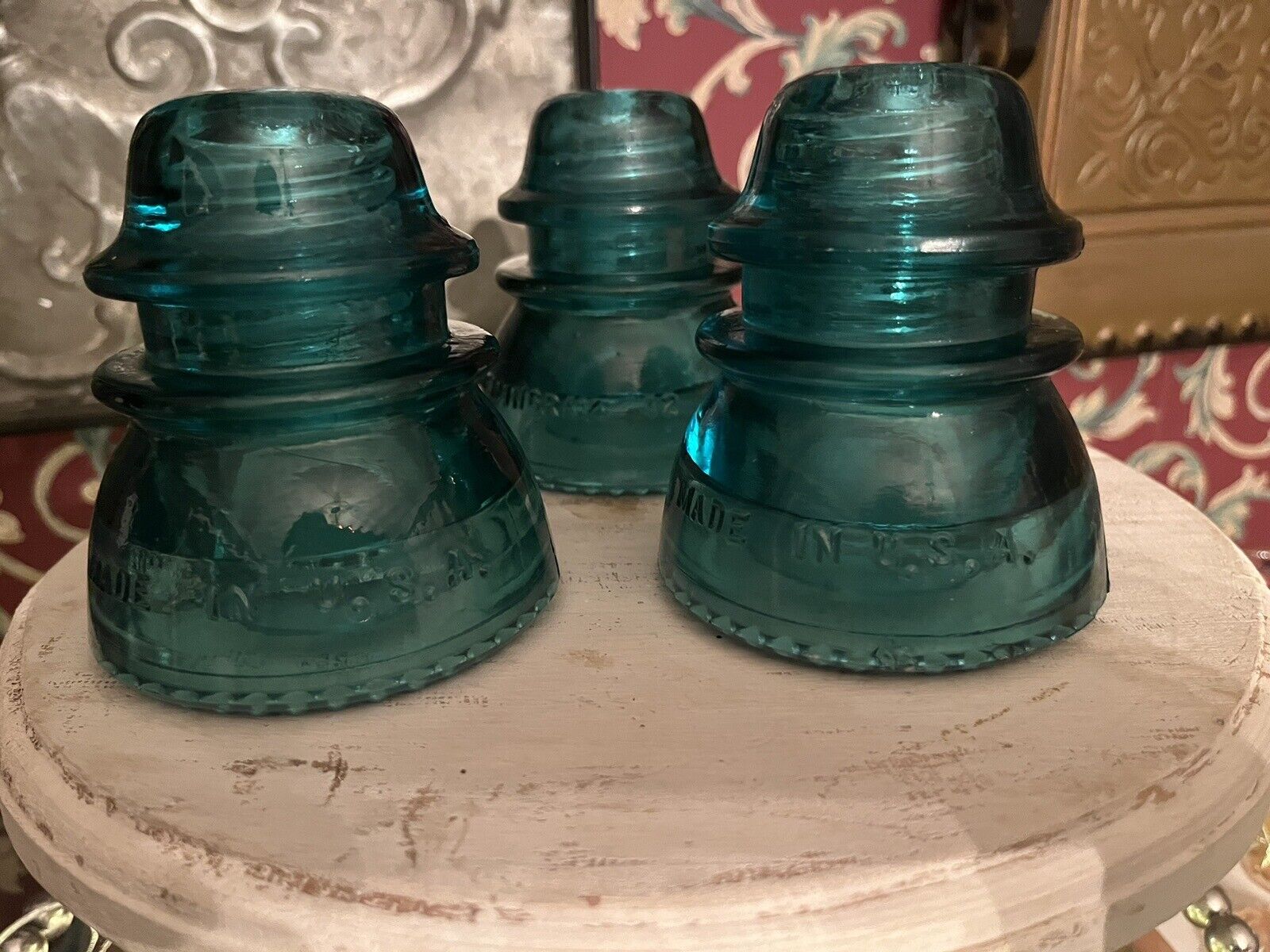 Hemingway Glass Insulator Vintage Antique DARK Aqua Blue Set Of 3