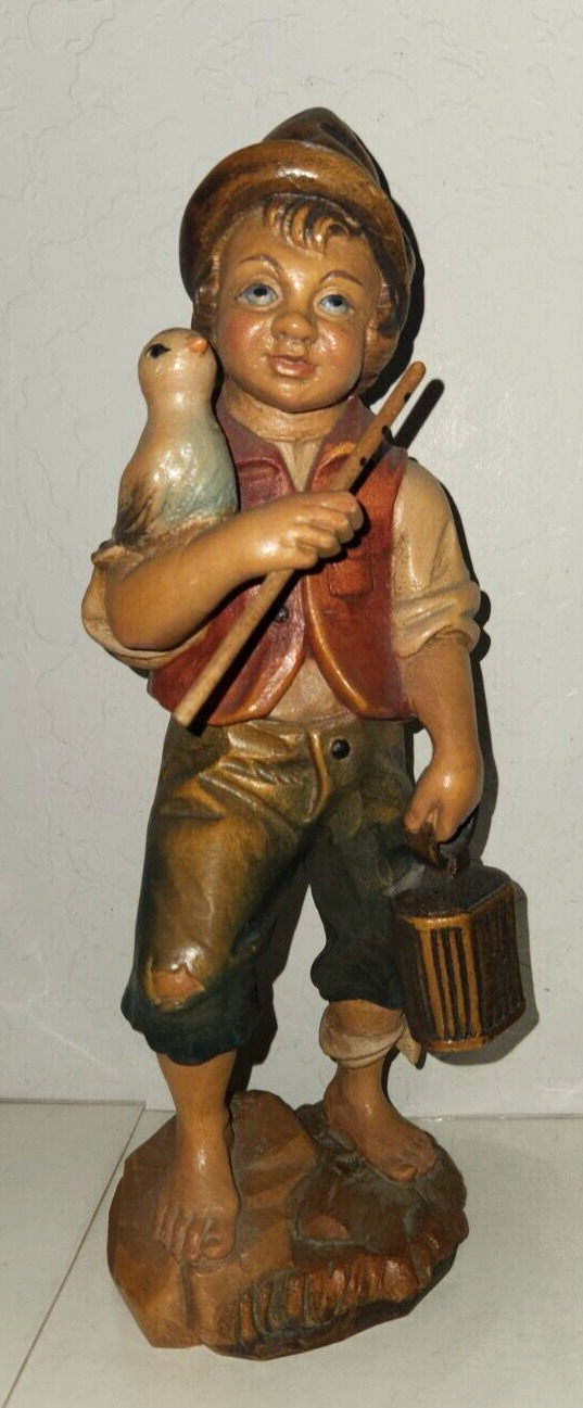 VTG Hand Carved Wood Boy with Bird Flute and Lantern  11