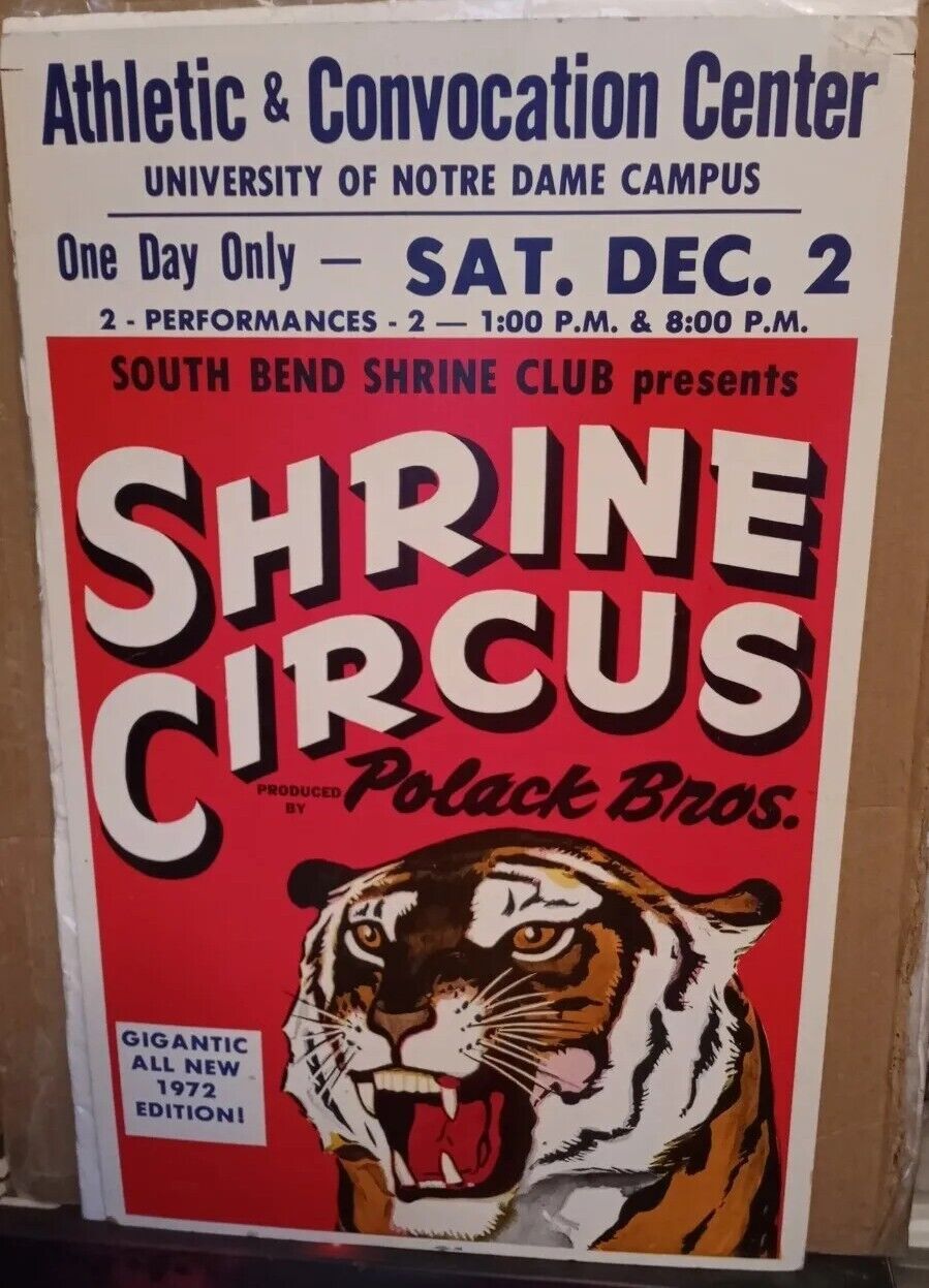 ORIGINAL ANTIQUE VINTAGE 70s SHRINE CIRCUS POSTER BOARD NOTRE DAME SOUTH BEND IN