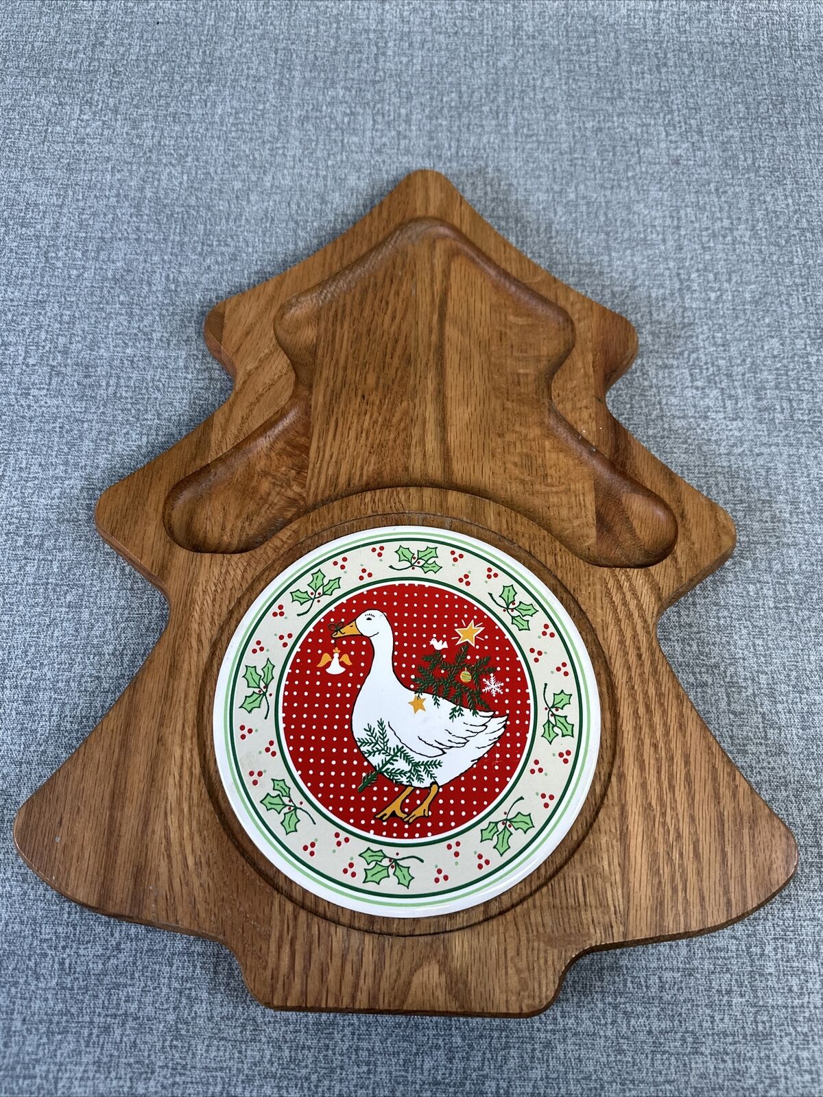 Vintage Vermillion Wood Christmas Tree Shaped Goose Party Tray USA Made AWESOME