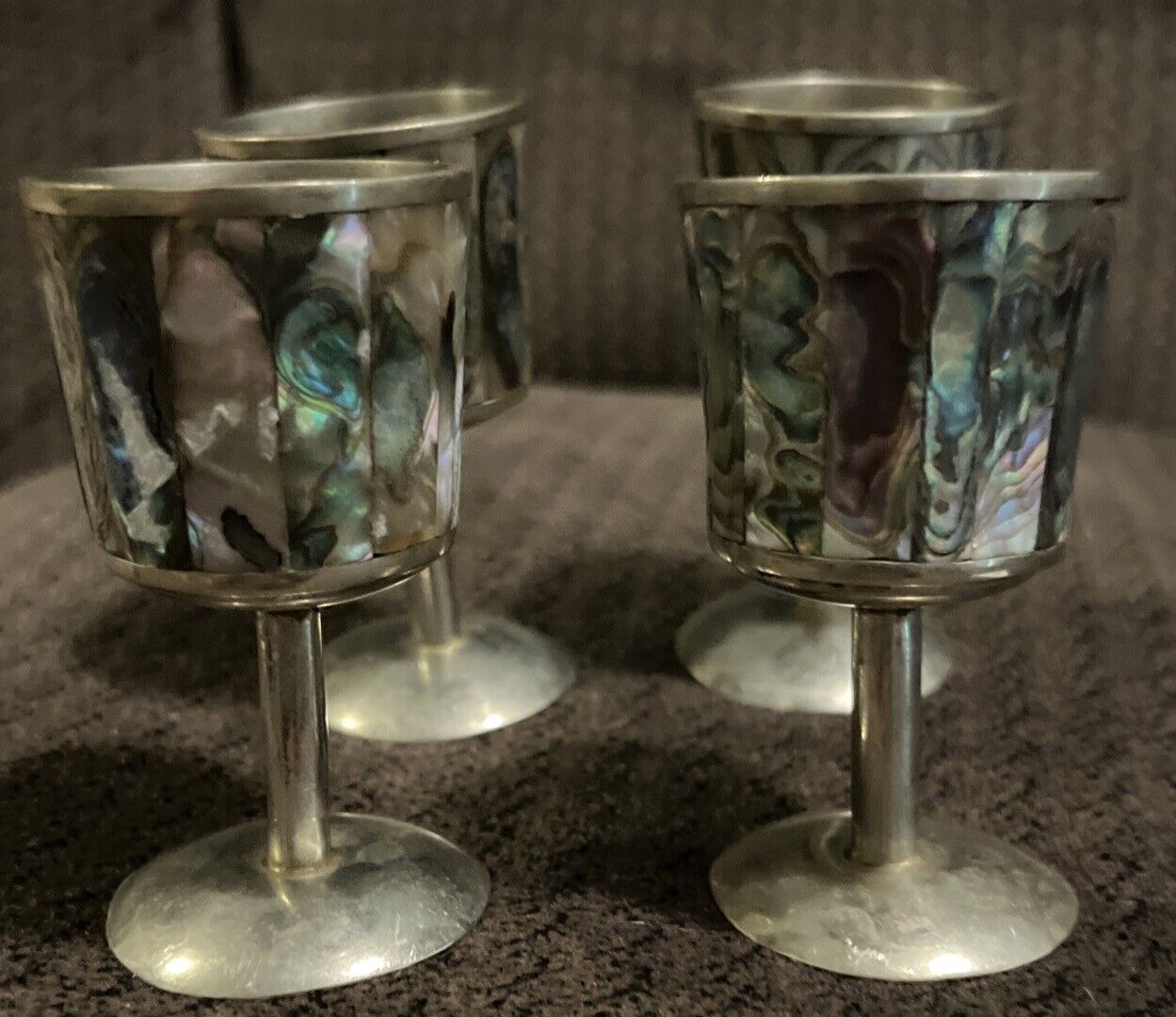 Vintage MEXICAN ABALONE & ALPACA SILVER TEQUILA SET - 4 SHOT GLASSES